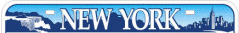 Top of Empire plate - 'NEW YORK' in white lettering overlaying a blue panorama showing Niagara Falls, mountains and New York City skyline.